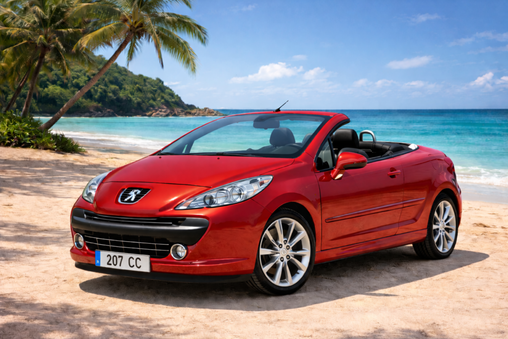 Peugeot 207 cc cabrio red color in the beach